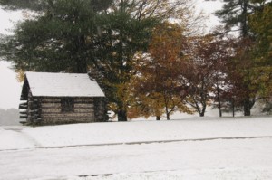 Visiting Valley Forge Park, cabin in a snowy field