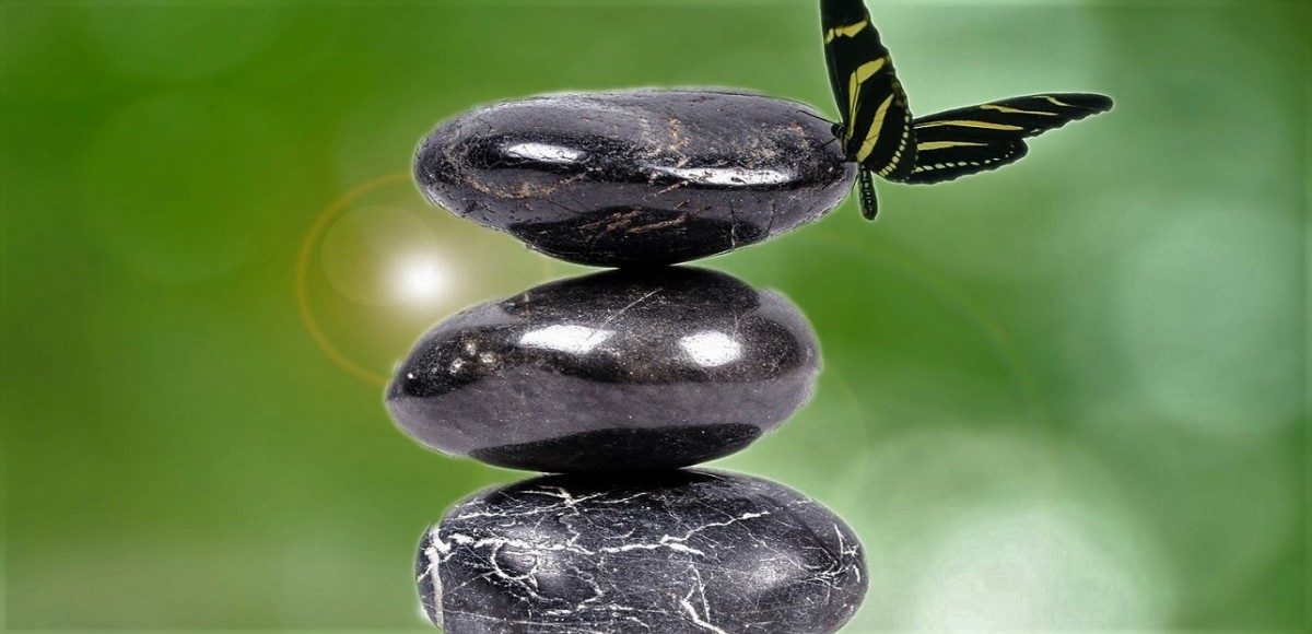 Rocks and a butterfly portraying balance and harmony