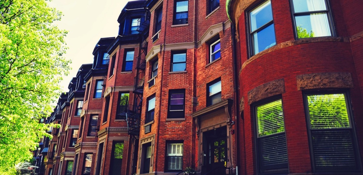 Brick exterior of apartment buildings in a city