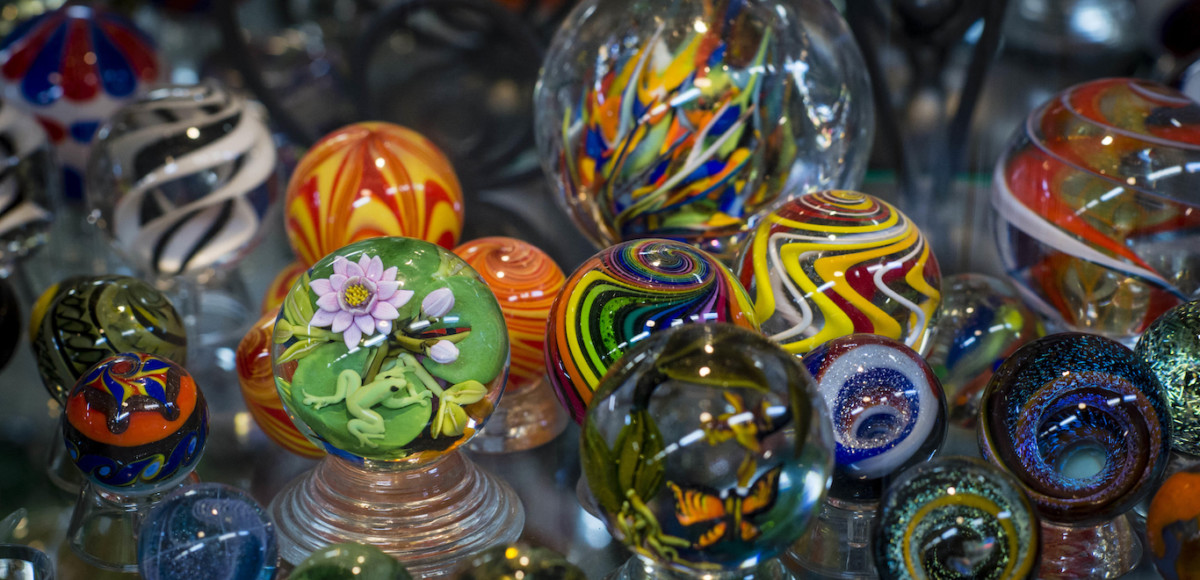Close-up of assortment of colorful marbles