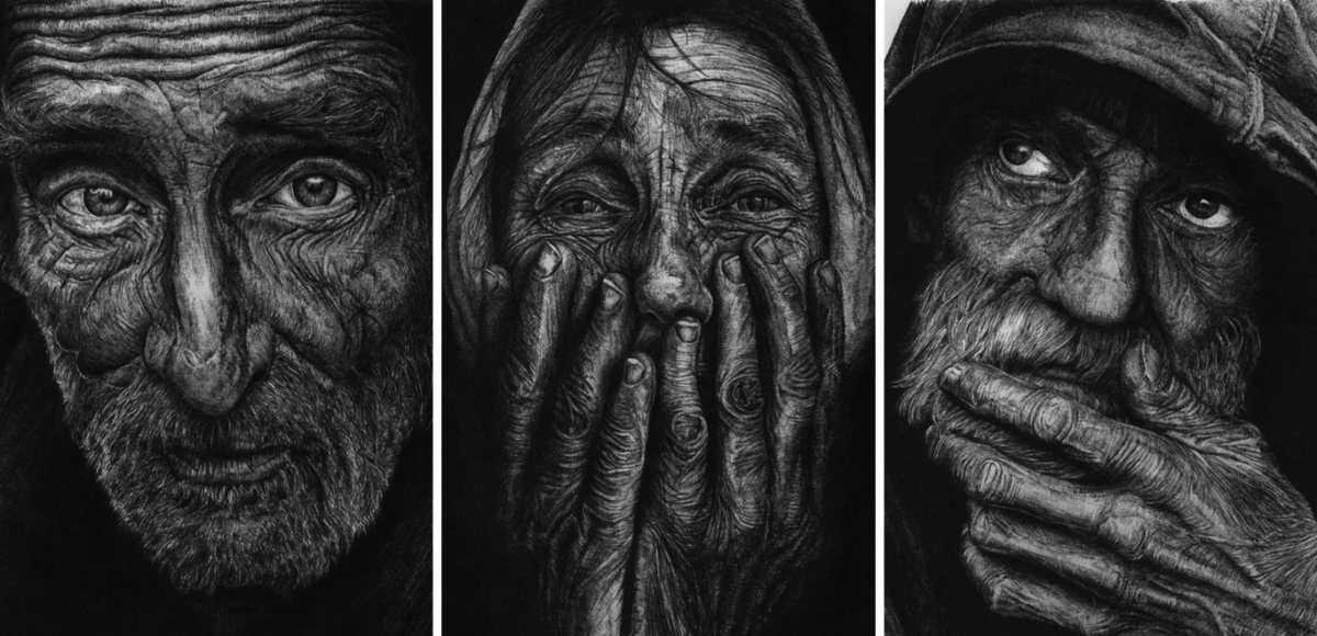 Three ink drawing portraits of homeless individuals.