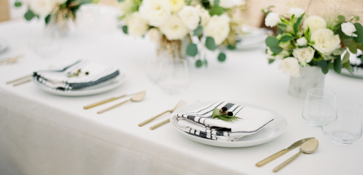 White party rental table linens