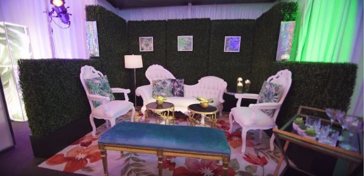 White chairs with blue velvet ottoman