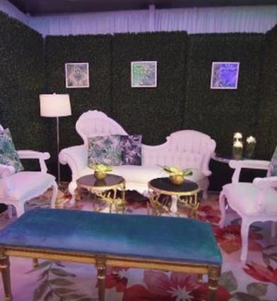 White chairs with blue velvet ottoman
