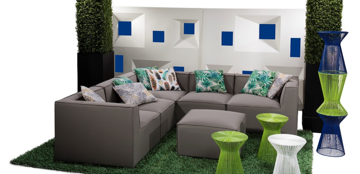 Gray sectional sofa with wireframe tables