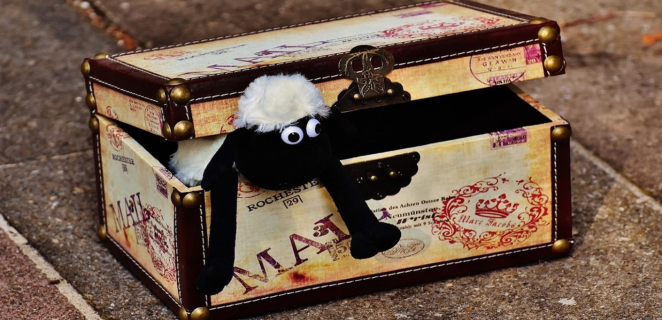 Children's travel chest with a stuffed animal toy peeking out
