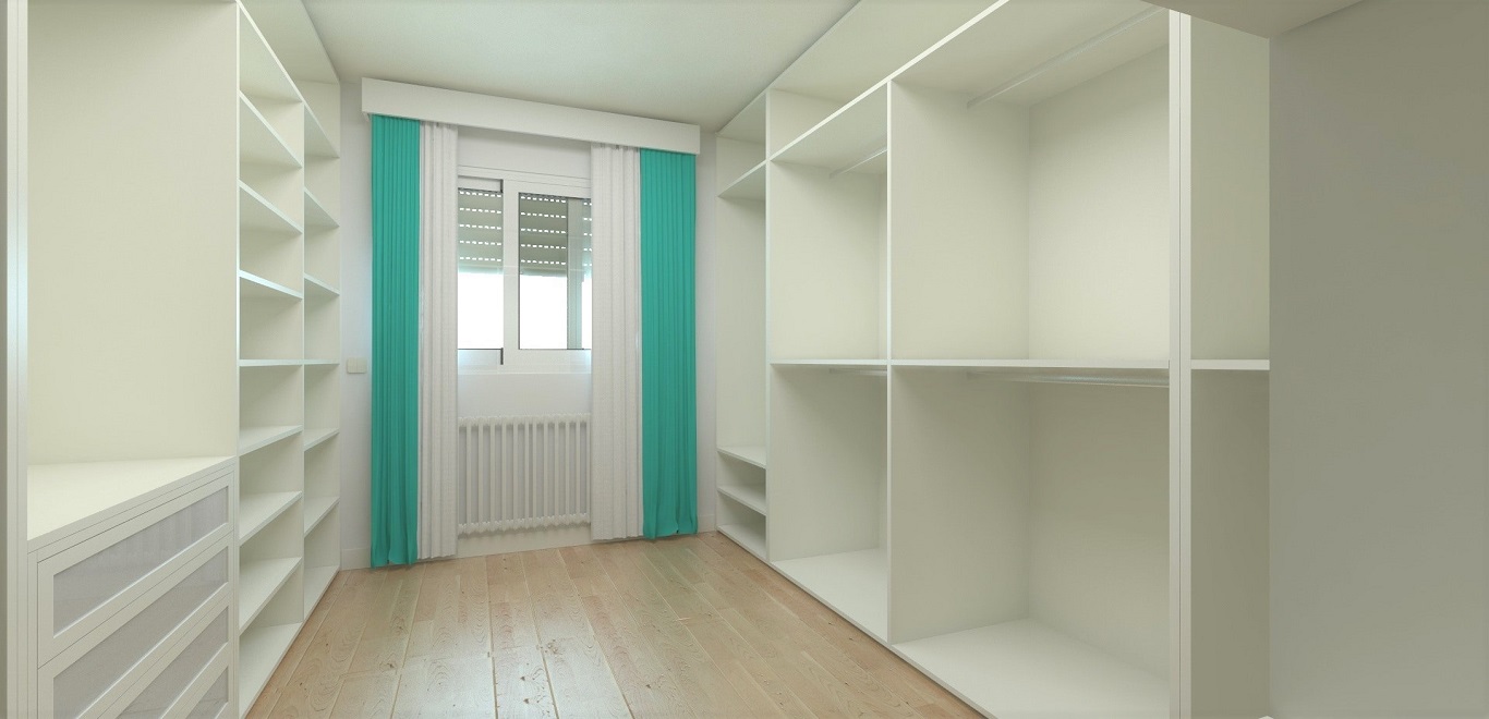 Large empty closet with a window and shelving