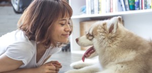 Smiling woman lying on floor with dog in apartment
