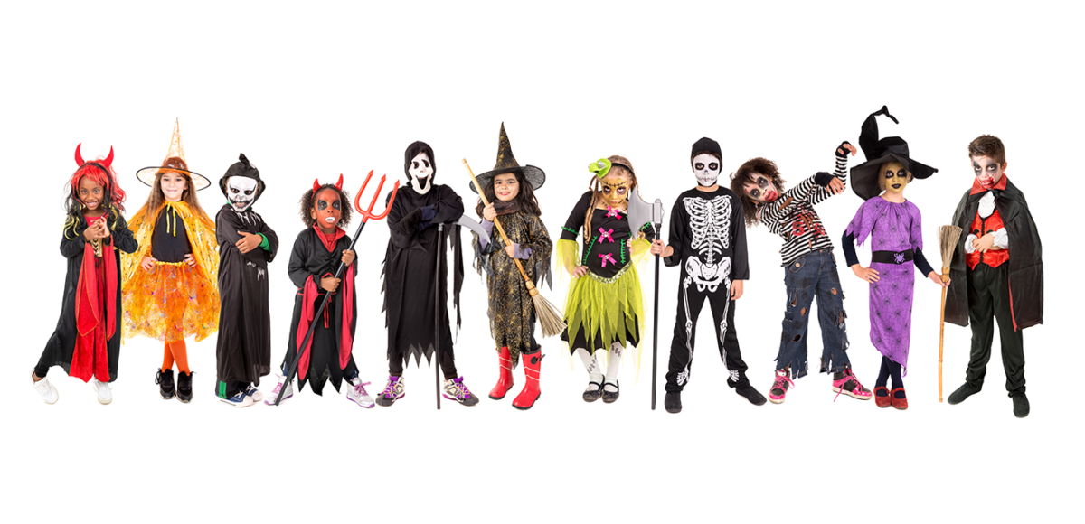 Kids in Halloween costumes on a white background.