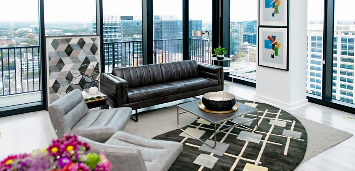 Modern furniture in an apartment with a view