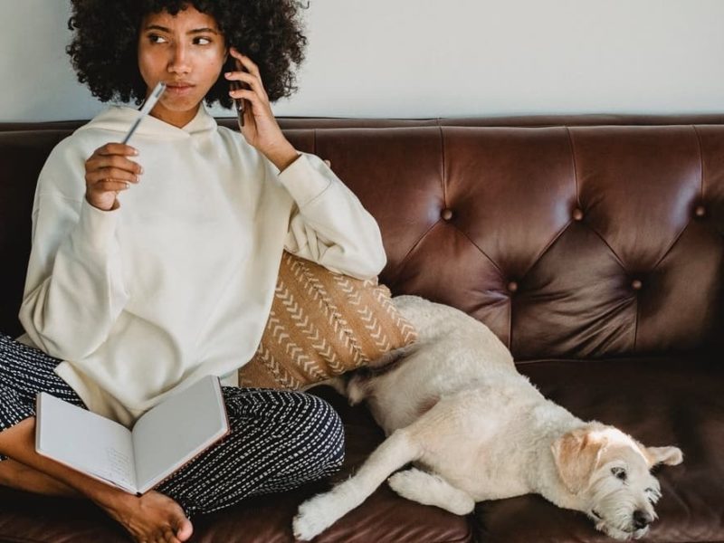 Pensive woman sitting on leather sofa with dog with notebook in lap.