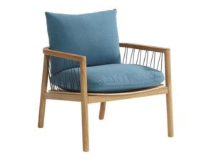 Nordic inspired chair with woven elements and blue cushion