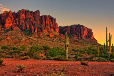 Arizona desert setting with canyons and cacti at sunset.