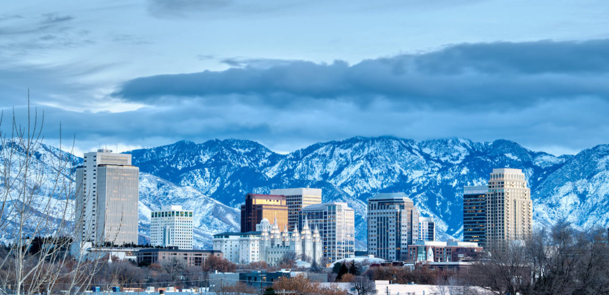 Salt Lake City skyline facing the mountains at winter.
