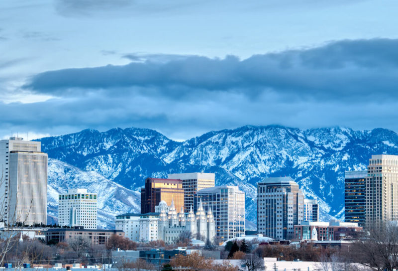 Salt Lake City skyline facing the mountains at winter.