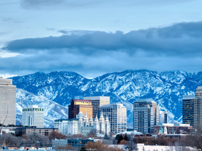 Salt Lake City skyline facing the mountains at winter.