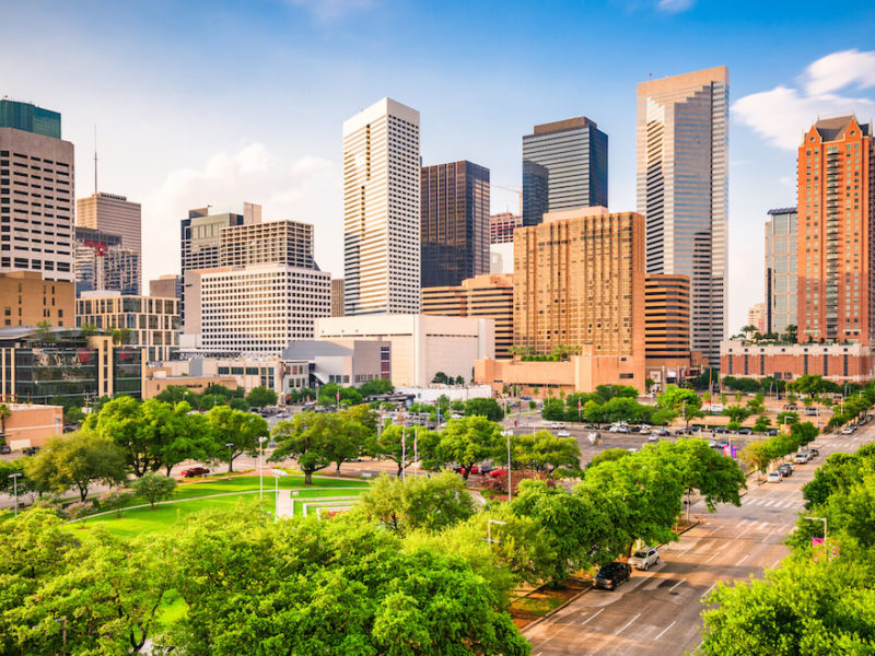 Downtown Houston, Texas view of green grass, trees, and skyline