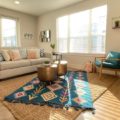 Bright and well decorated 600 sq ft apartment with layered rugs, metallic accents, and arm chair provided by furniture rental near me.