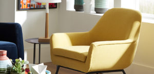 Trinket Chair top rented furniture of 2022 most popular furniture of 2022 with yellow chair, modern lamp, and funky decor items