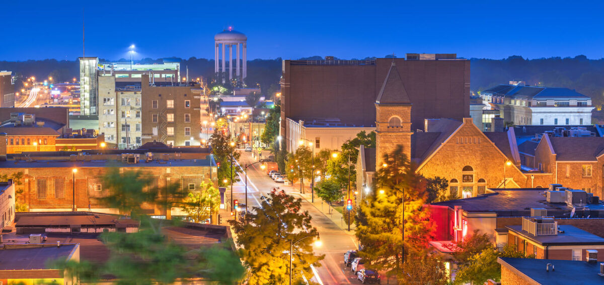 Nighttime photo of Columbia, Missouri downtown area.