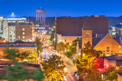 Nighttime photo of Columbia, Missouri downtown area.