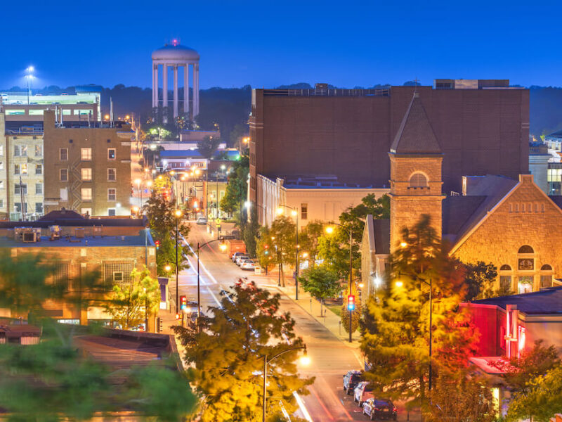 Nighttime photo of Columbia, Missouri downtown area.