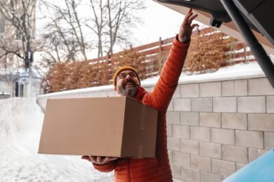 A man loading boxes into a car in the snow.