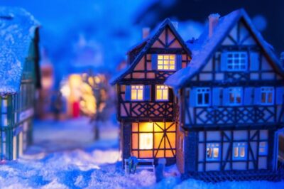 A miniature holiday village covered in snow.