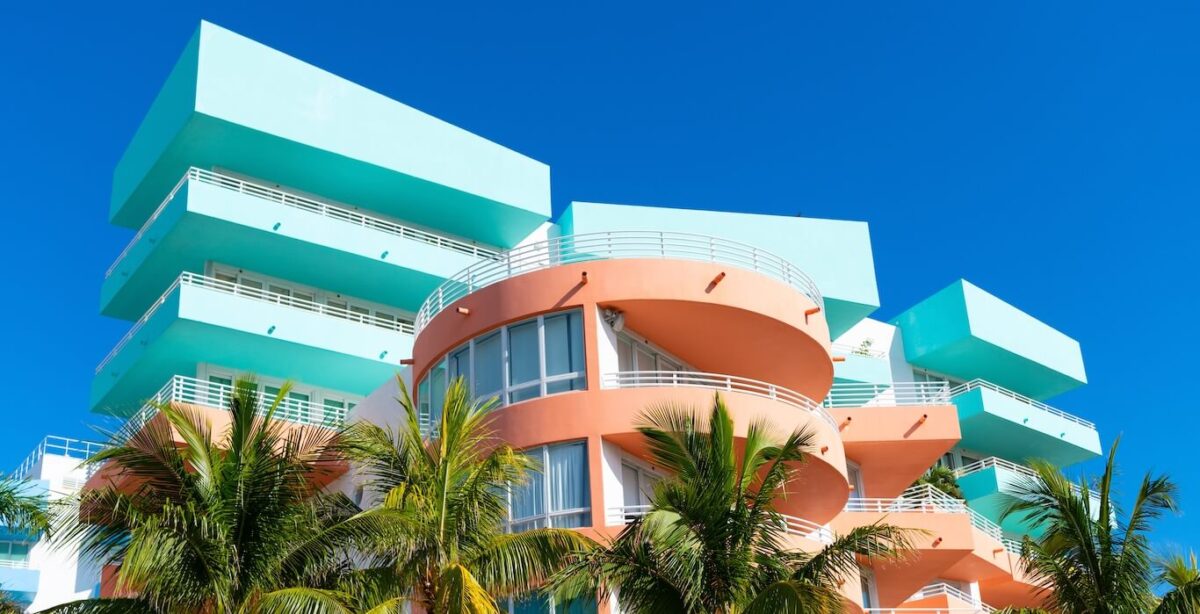 A colorful, art-deco style apartment building in Miami, Florida.