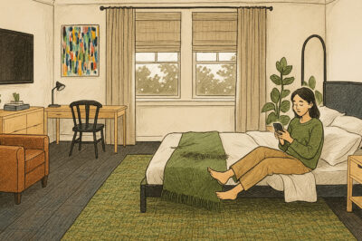 Illustrated bedroom with a woman sitting on the bed, contently scrolling on her phone while she feels at home.