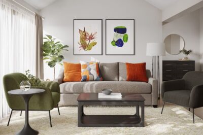 Luxe sustainable living is easy with CORT Furniture Rental, this image depicts a stylish luxe furniture package from CORT including a living room with couch, wall art, table, accent chair, plants, and more.
